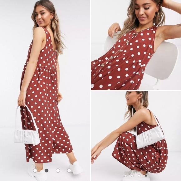 ASOS DESIGN Button Front Smock Jumpsuit in Brown and Cream polkadot spot vneck - Picture 2 of 13